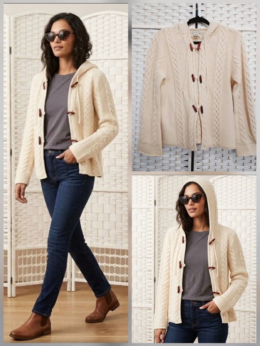 💙Banana Republic 100% Lambswool Hooded Cable Knit Sweater Cream 🤍LARGE